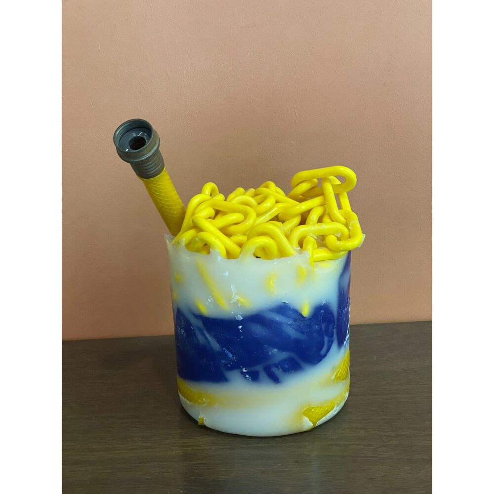 Unusual Handmade Wax Mixed Media Object Yellow Chain Hose Industrial Curiosity